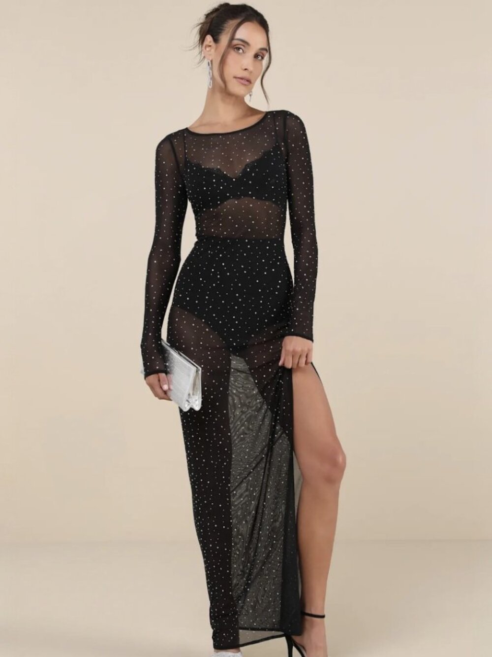 NWT Lulus Daring Sparkle Black Sheer Mesh Rhinestone Maxi Dress​ (size XS)
